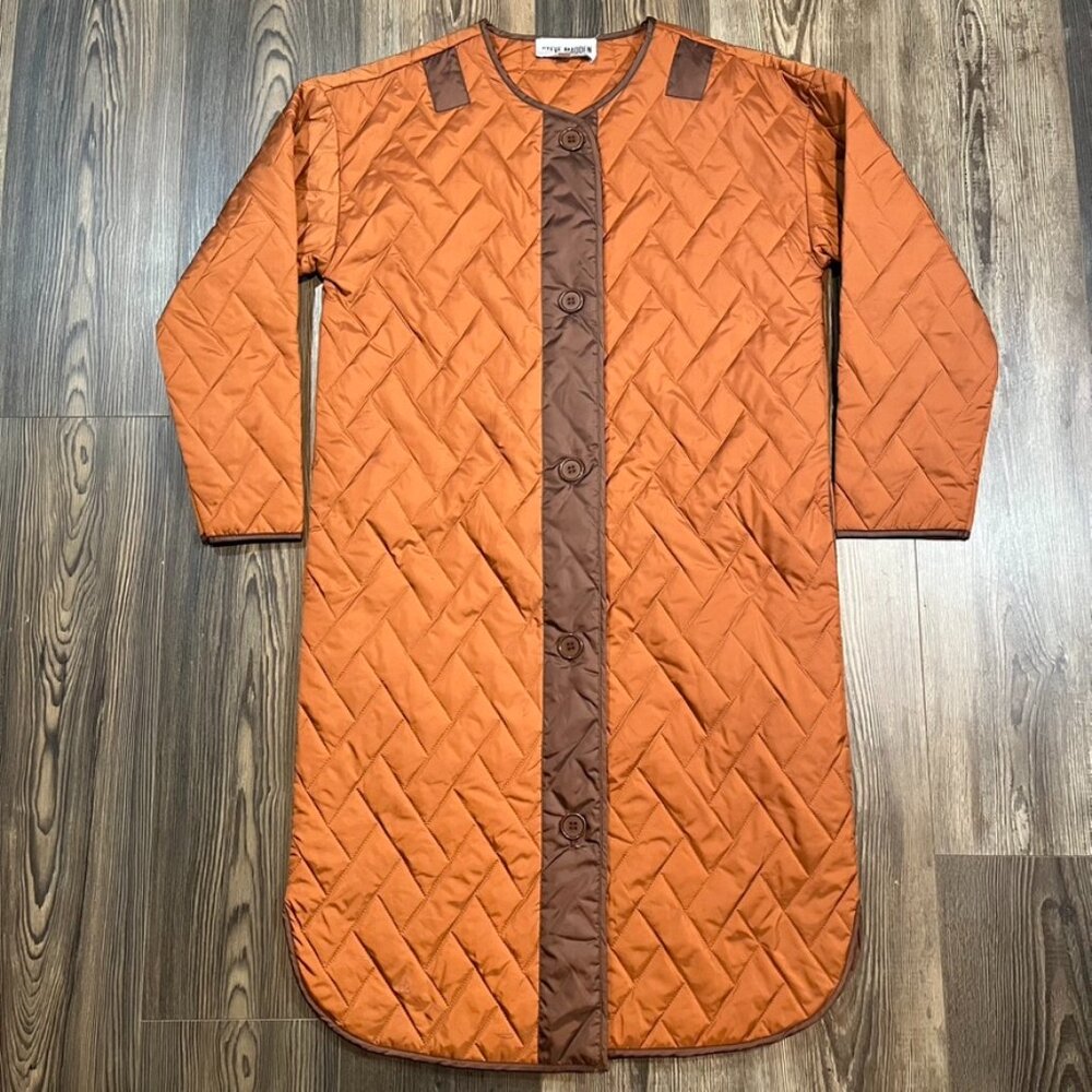 Steve Madden Womens Jacket Coat Small Orange Quilted Button Long Puffer New York